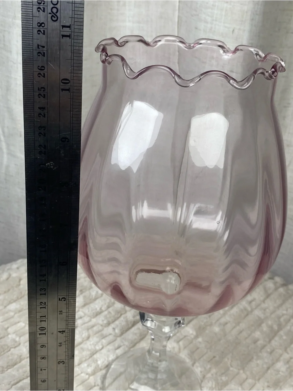 Vtg MCM Empoli Style Pink Optic Glass Goblet Vase Ruffled Brandy Snifter 11